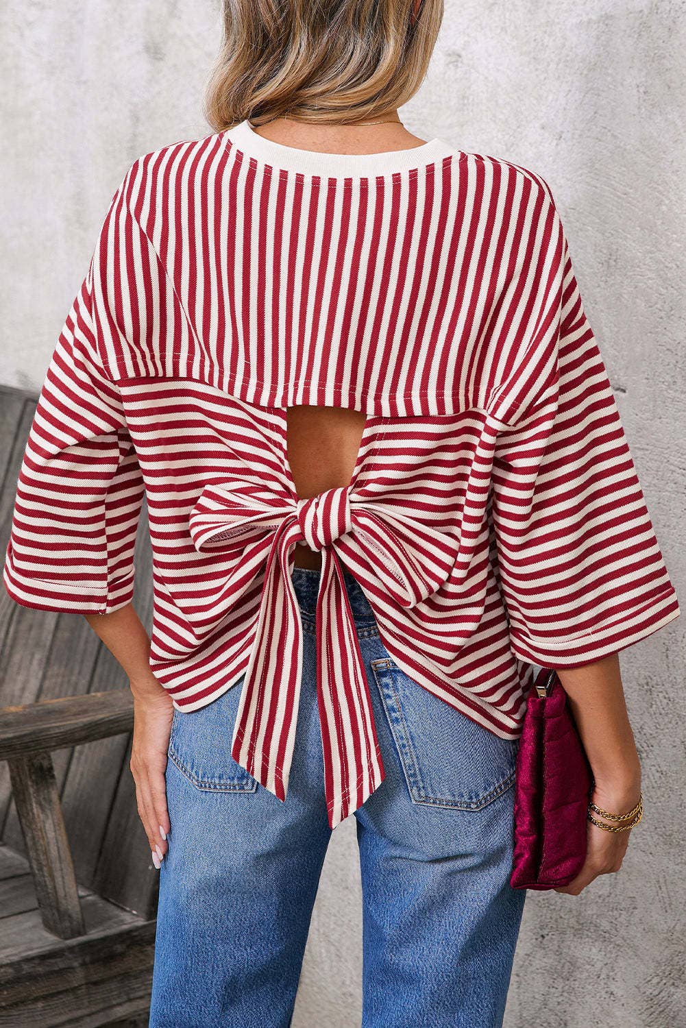 Pink Striped Knit Crew Neck Top with Back Bow Tie Detail
