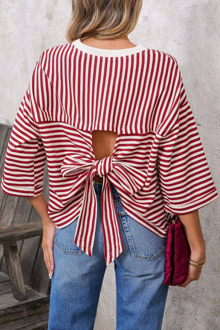 Pink Striped Knit Crew Neck Top with Back Bow Tie Detail