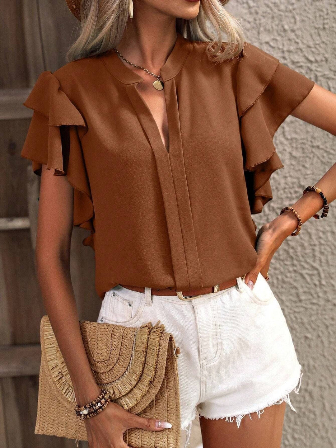 V-Neck Double-Layer Lotus Leaf Sleeve Solid Color Casual Top