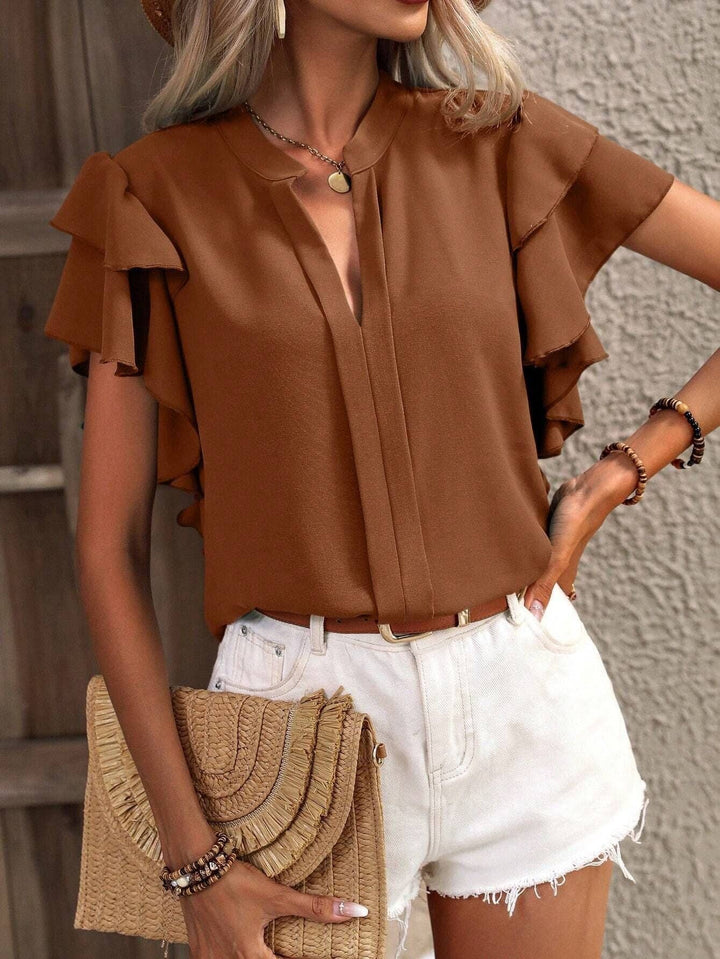 V-Neck Double-Layer Lotus Leaf Sleeve Solid Color Casual Top