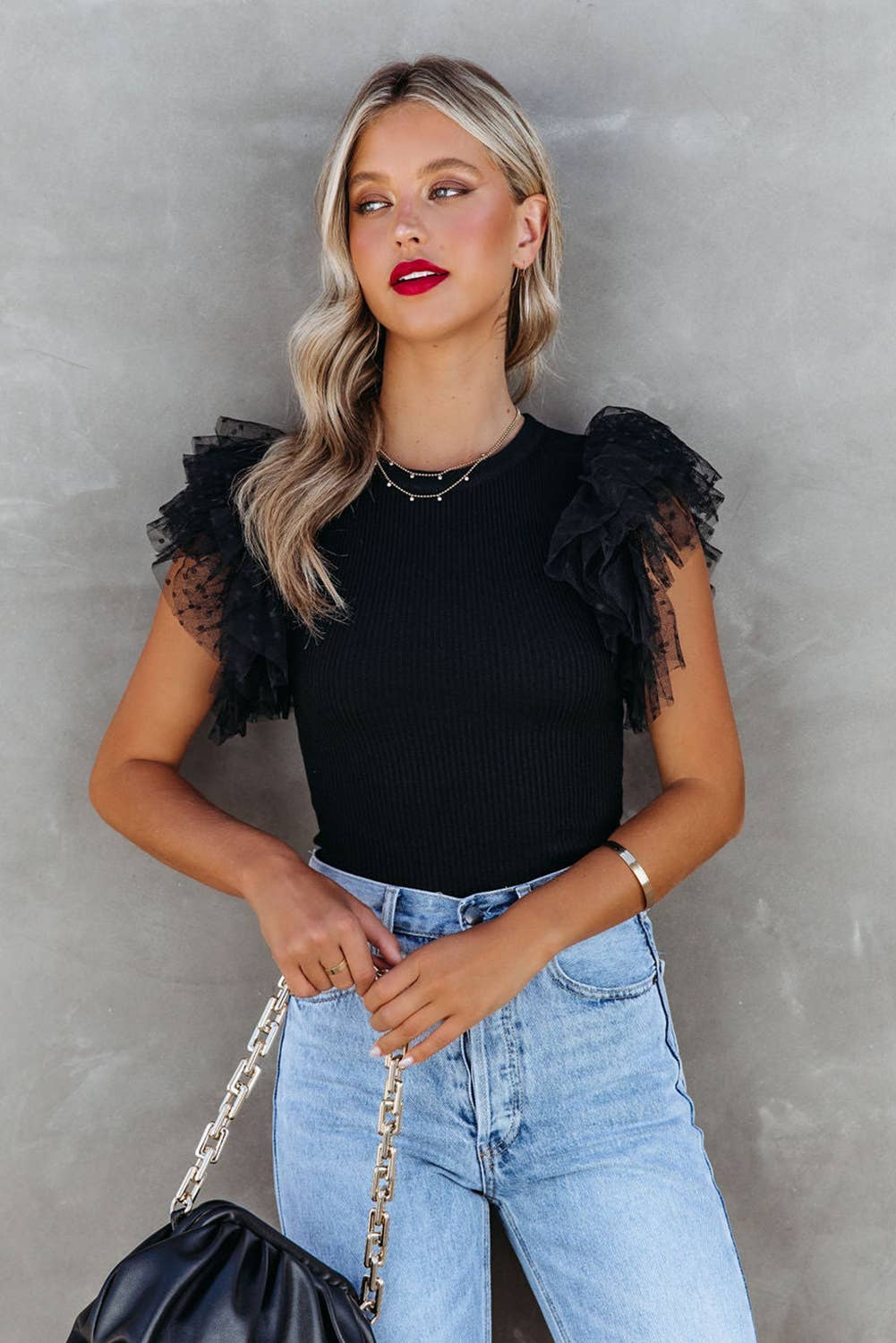 Mesh Ruffle Sleeve Ribbed Knit Top