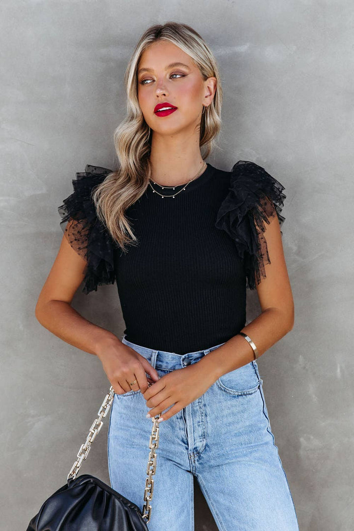 Mesh Ruffle Sleeve Ribbed Knit Top
