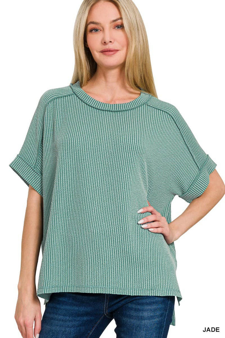 Textured Line Short Cuff Sleeve Raw Edge Top