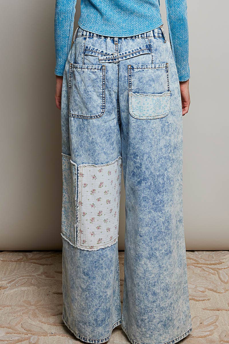 Pol Clothing - Patchwork Detail Denim Straight Fit Pants