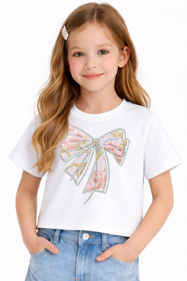 Girls Crop Tee w/ Bow Patch &amp; Rhinestone