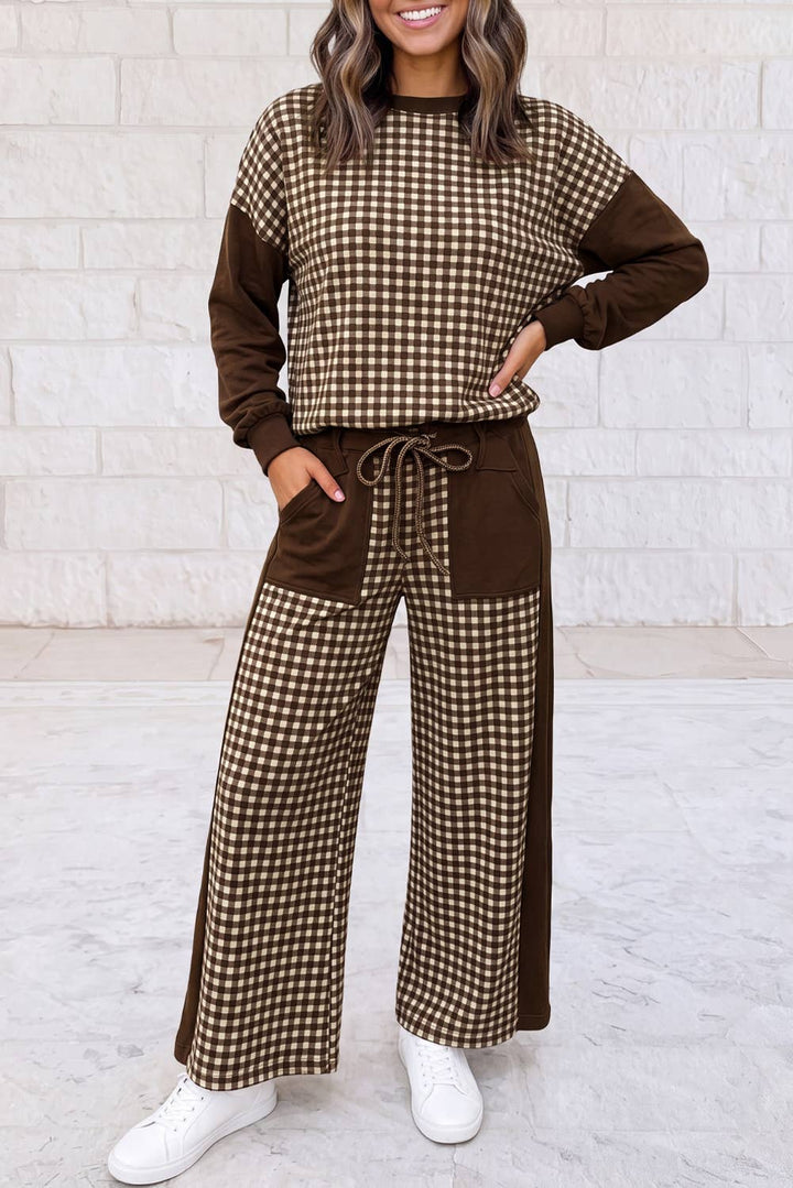1 the Woman - Plaid Patchwork Long Sleeve Pullover Wide Leg Pant Set