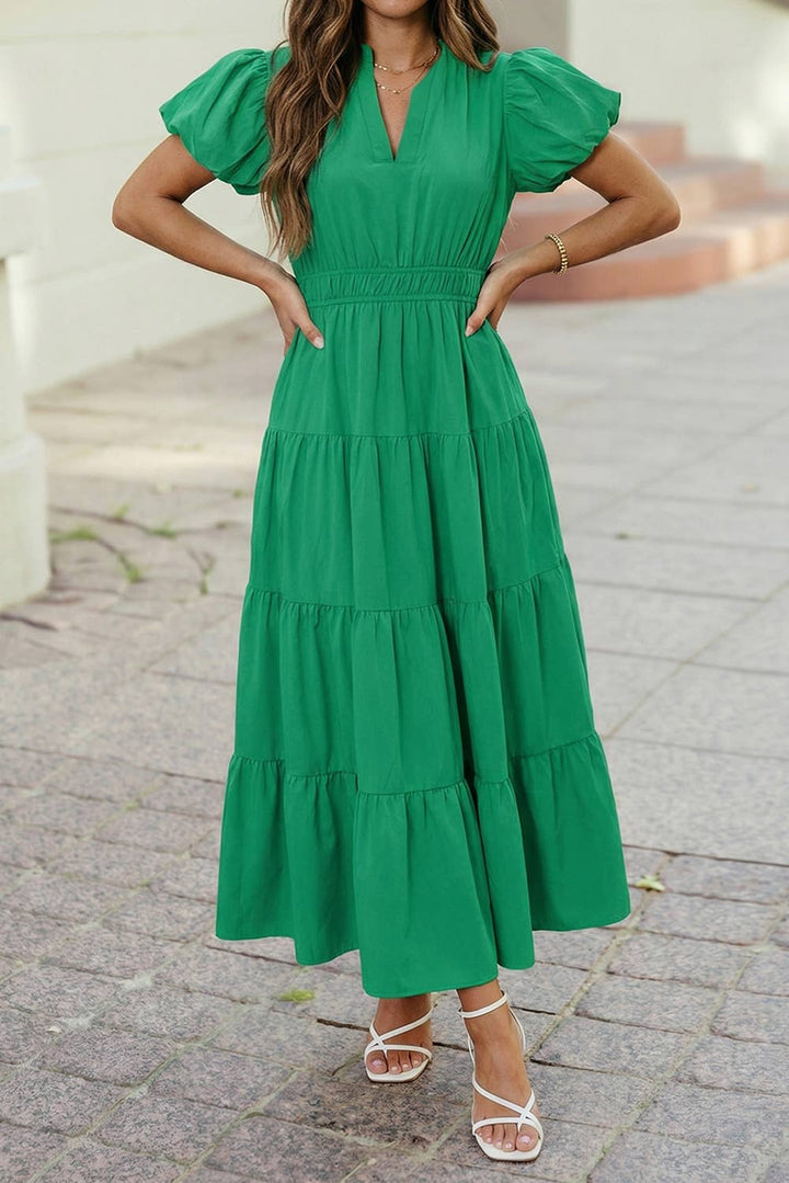 Color V Neck Short Puff Sleeve High Waist Tiered Maxi Dress