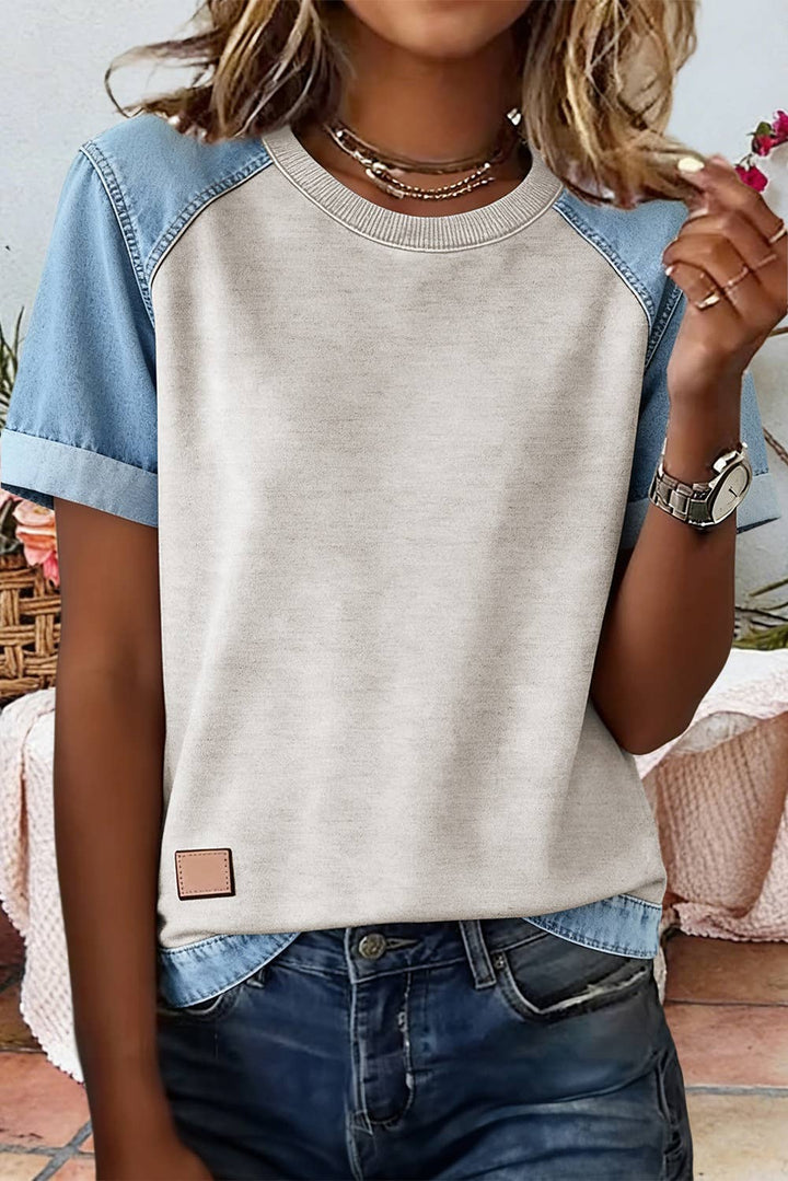 EVELA INC - Denim Color Block Patchwork Round Neck Tee