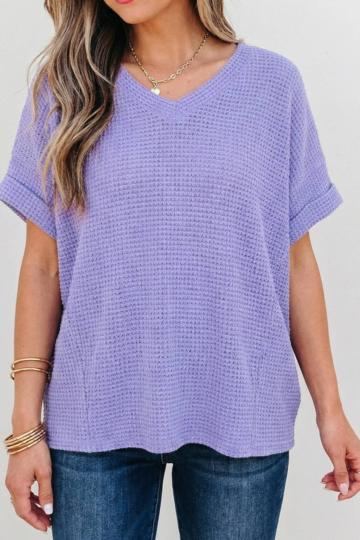 Aapparella - Waffle Texture V Neck Short Sleeve Knit Top | S-XL