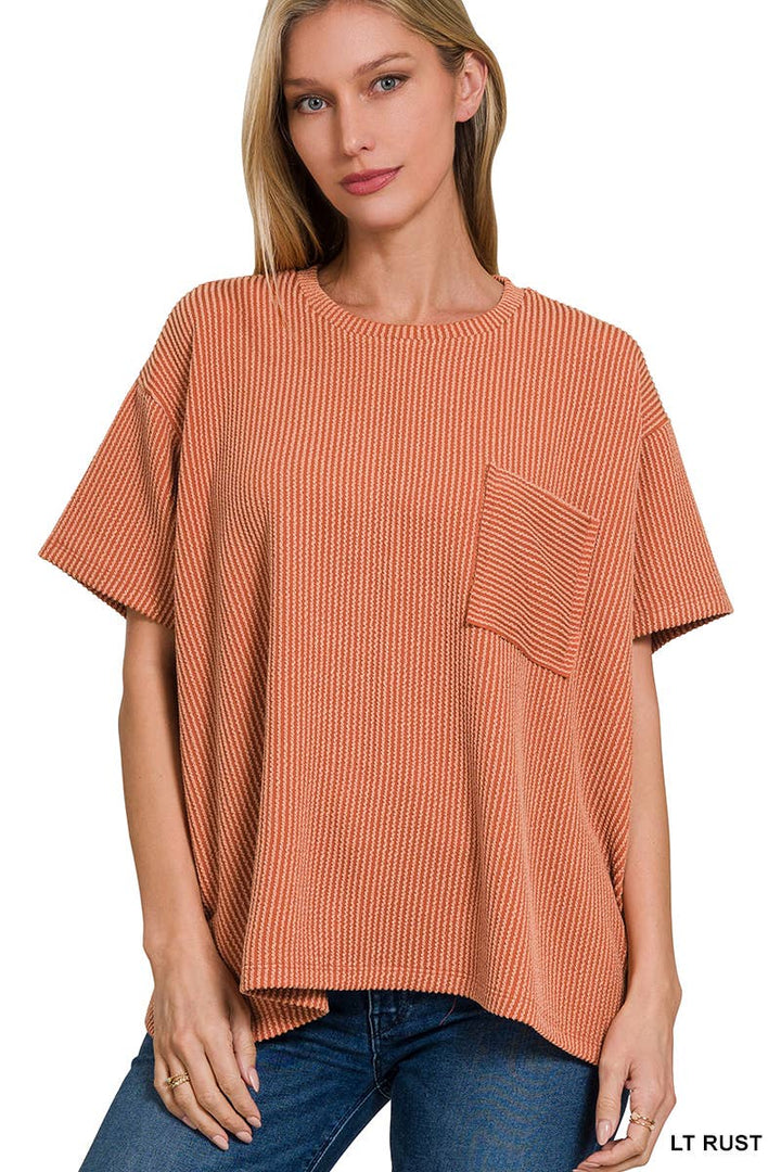 42POPS - Corded Rib Short Sleeve Front Pocket Top