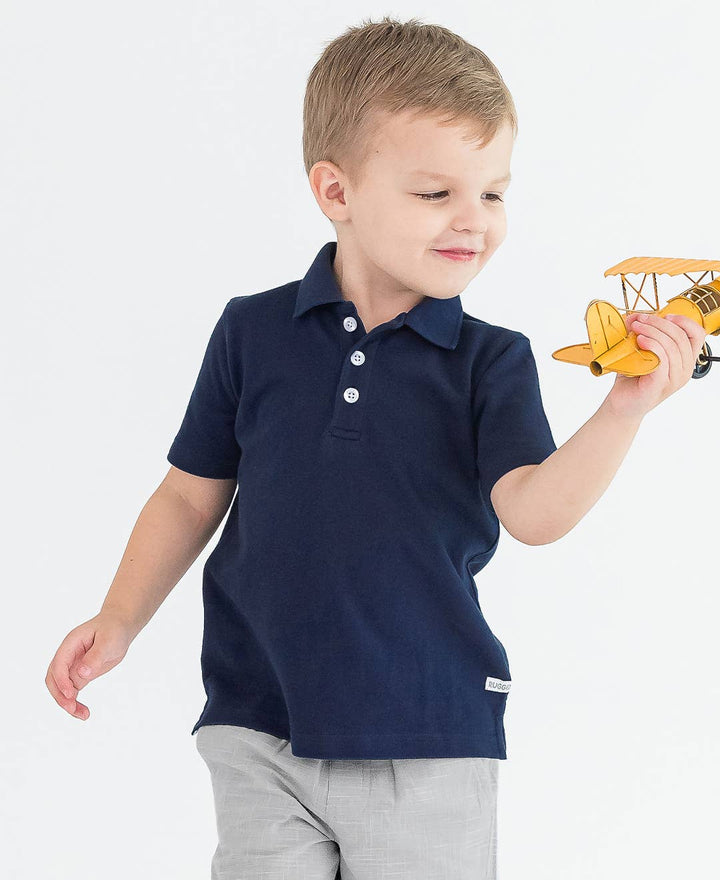 RuffleButts  - Boys Dark Navy Pique Short Sleeve Polo Shirt