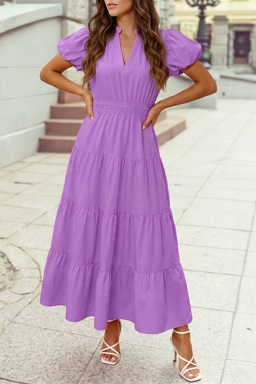 Color V Neck Short Puff Sleeve High Waist Tiered Maxi Dress