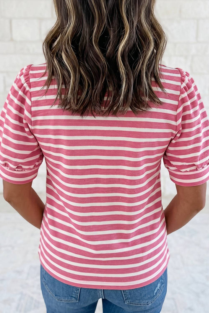 Short Puff Sleeve Color Block Polo Collar Blouse