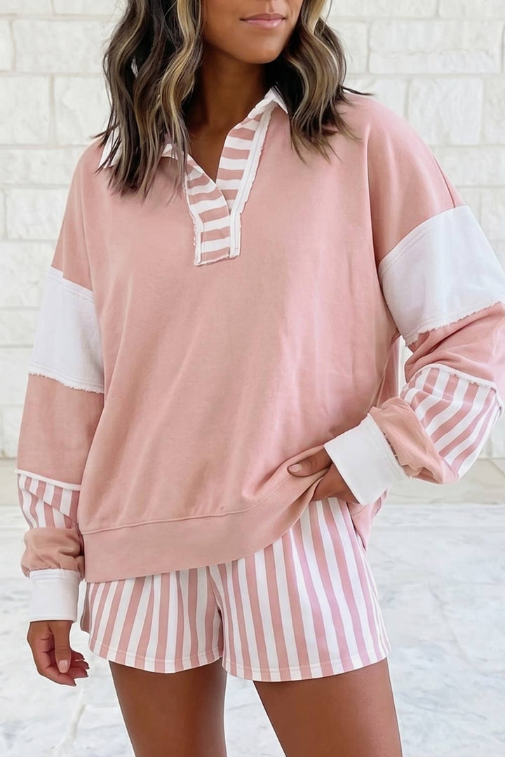 Striped Colorblock Patchwork Collar Sweatshirt &amp; Shorts Set