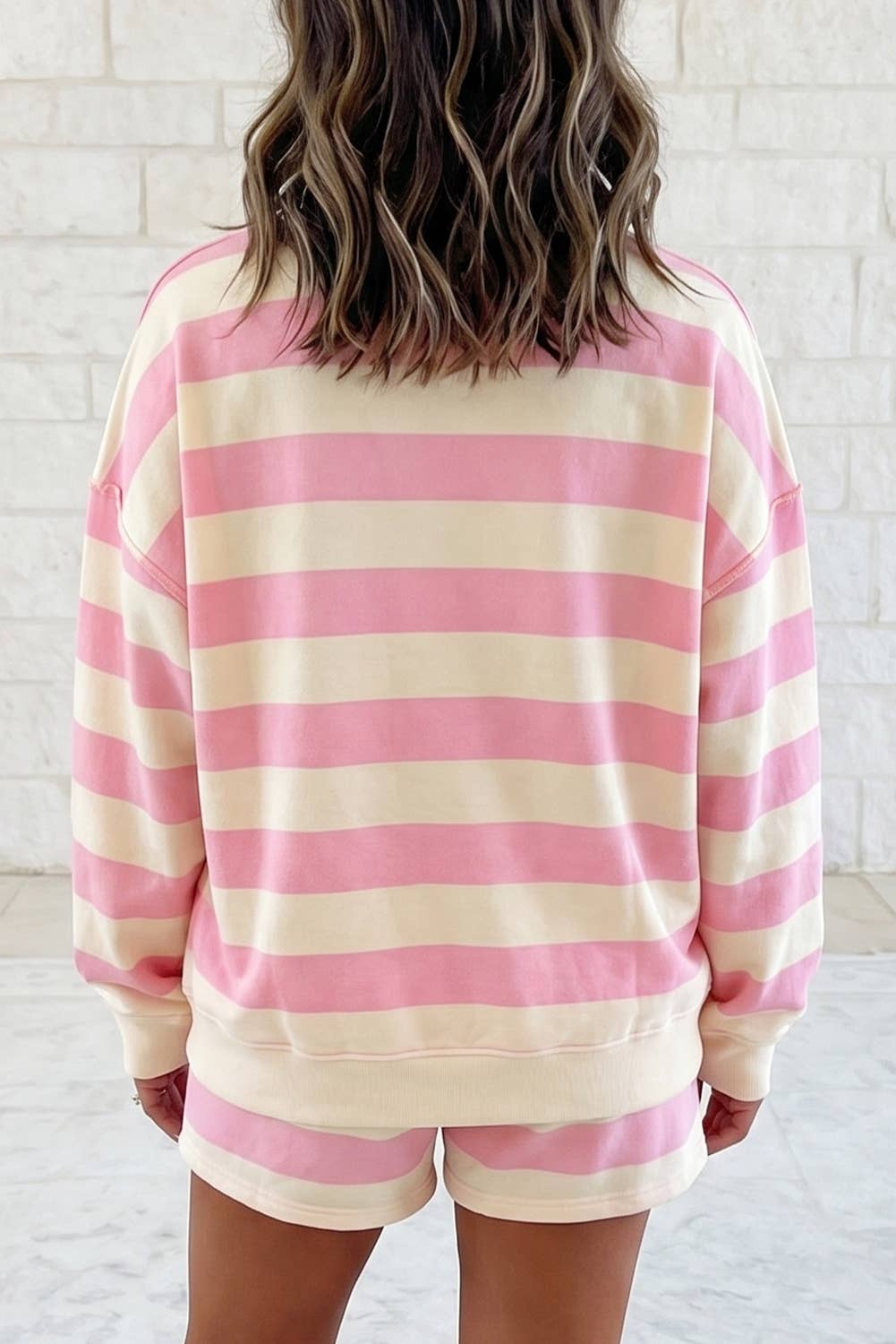 1 the Woman - Striped Casual Half-Zip Top &amp; Pocket Shorts 2-Piece Set