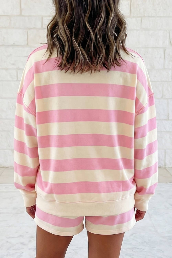 1 the Woman - Striped Casual Half-Zip Top &amp; Pocket Shorts 2-Piece Set