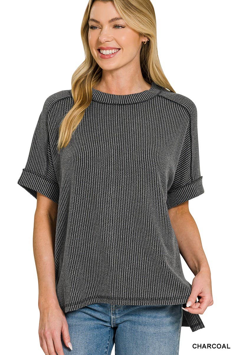 Textured Line Short Cuff Sleeve Raw Edge Top