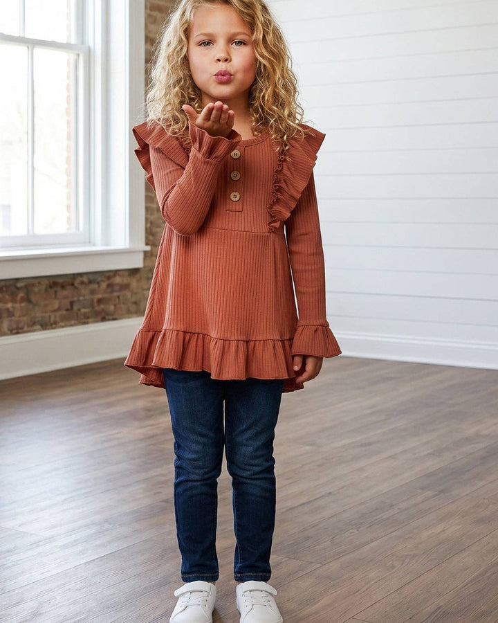 Kids Brown Toffee Ribbed Long Sleeve Button Ruffle Shirt