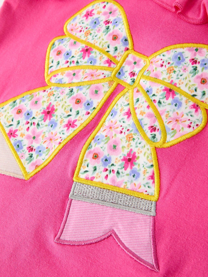 Girls Floral Bow Applique Top Ruffle Shorts Set
