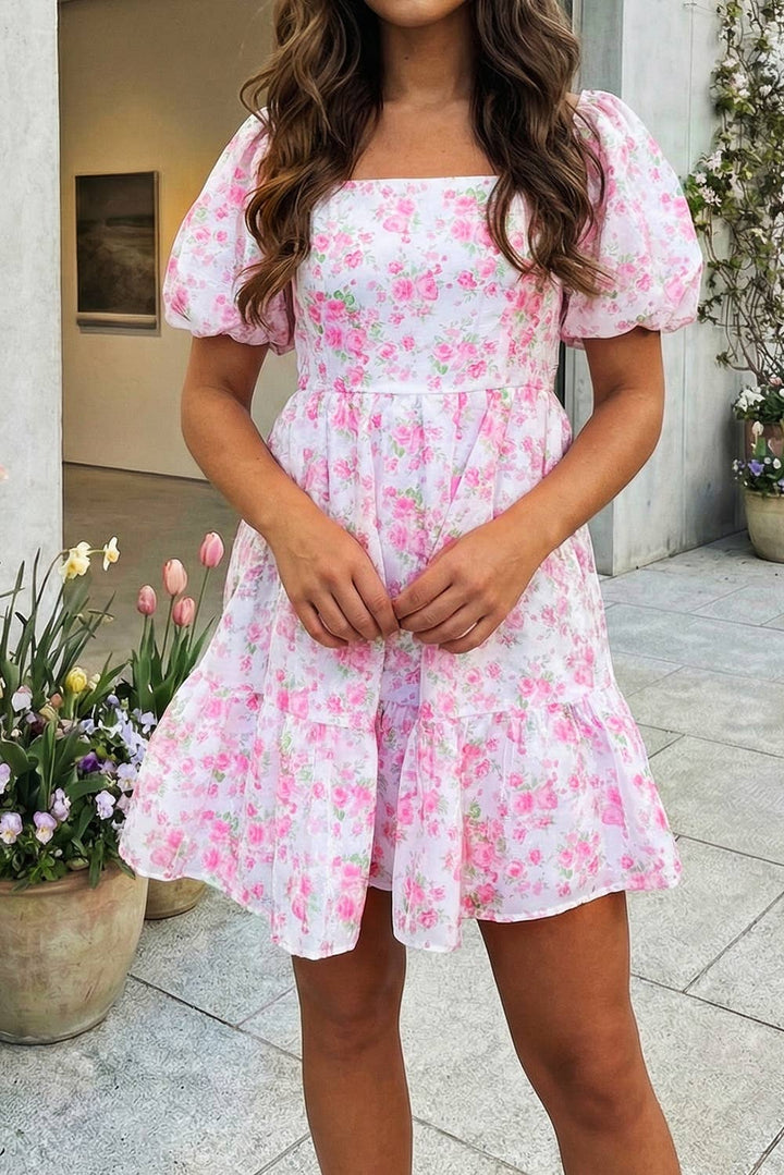 66DISCO - Floral Print Square Neck Ribbon Knot Back Mini Dress (S-XL)