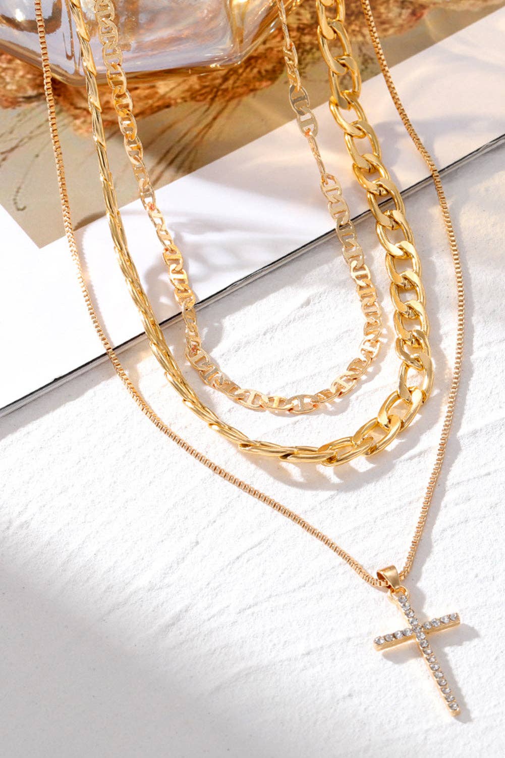 Gold Layered Chain Cross Pendant Necklace Set