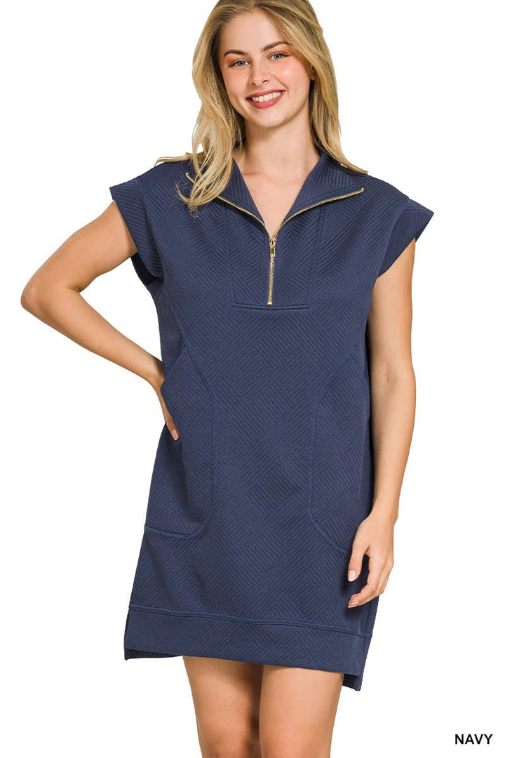 Textured Knit Jacquard Quarter Zipper Mini Dress
