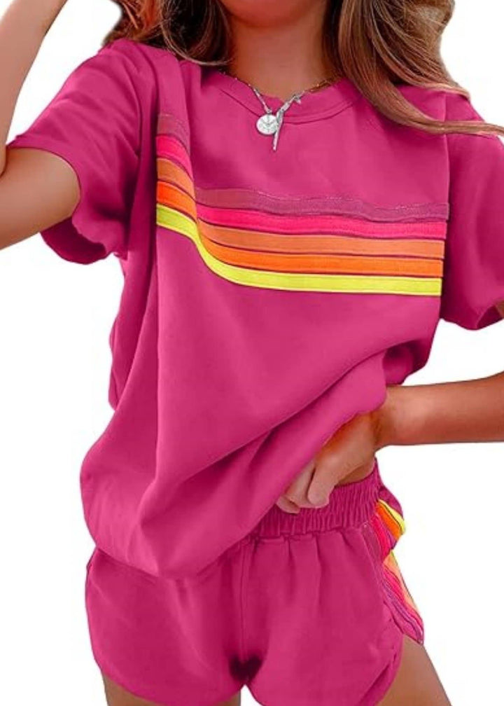 Rainbow Stripes crewneck short sleeve tee &amp; short resort set