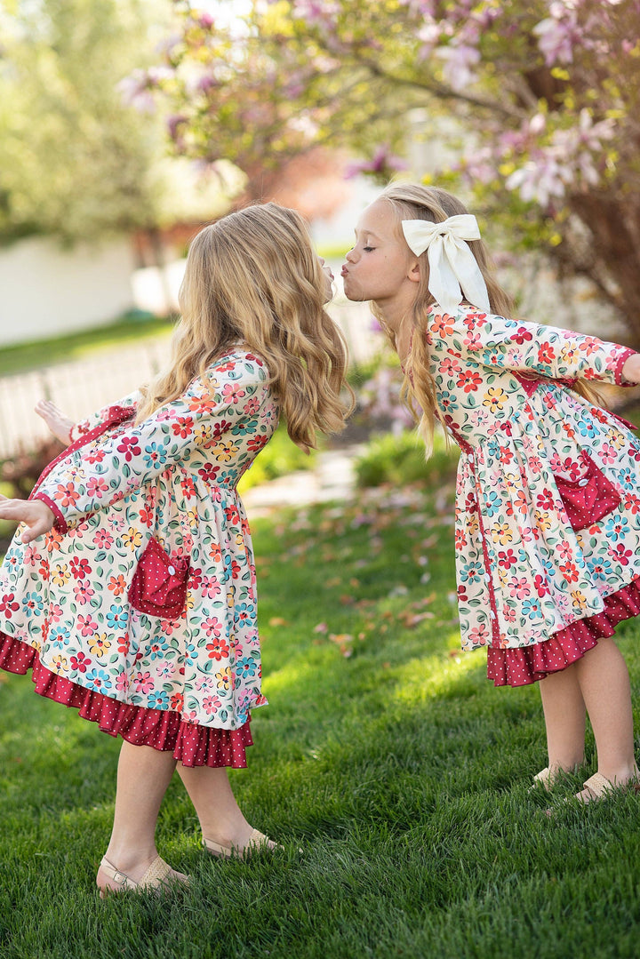 Kids Cream &amp; Burgundy Floral Ruffle Button Pocket Fall Dress