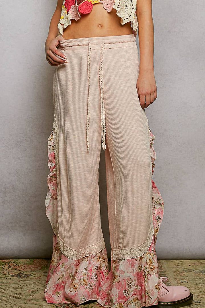 Pol Clothing - Floral Pattern Ruffle Detail Ribbed Knit Pants
