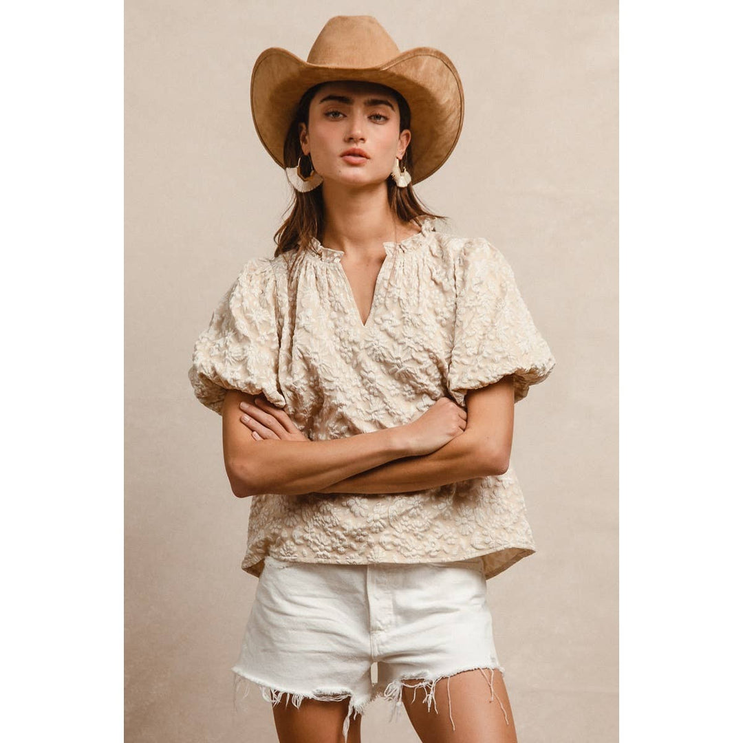 BiBi - FLORAL PATTERN TEXTURE SLEEVES RUFFLED V-NECK TOP