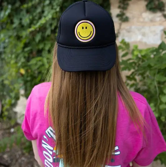 Trucker Hat – Happy Embroidered – Black