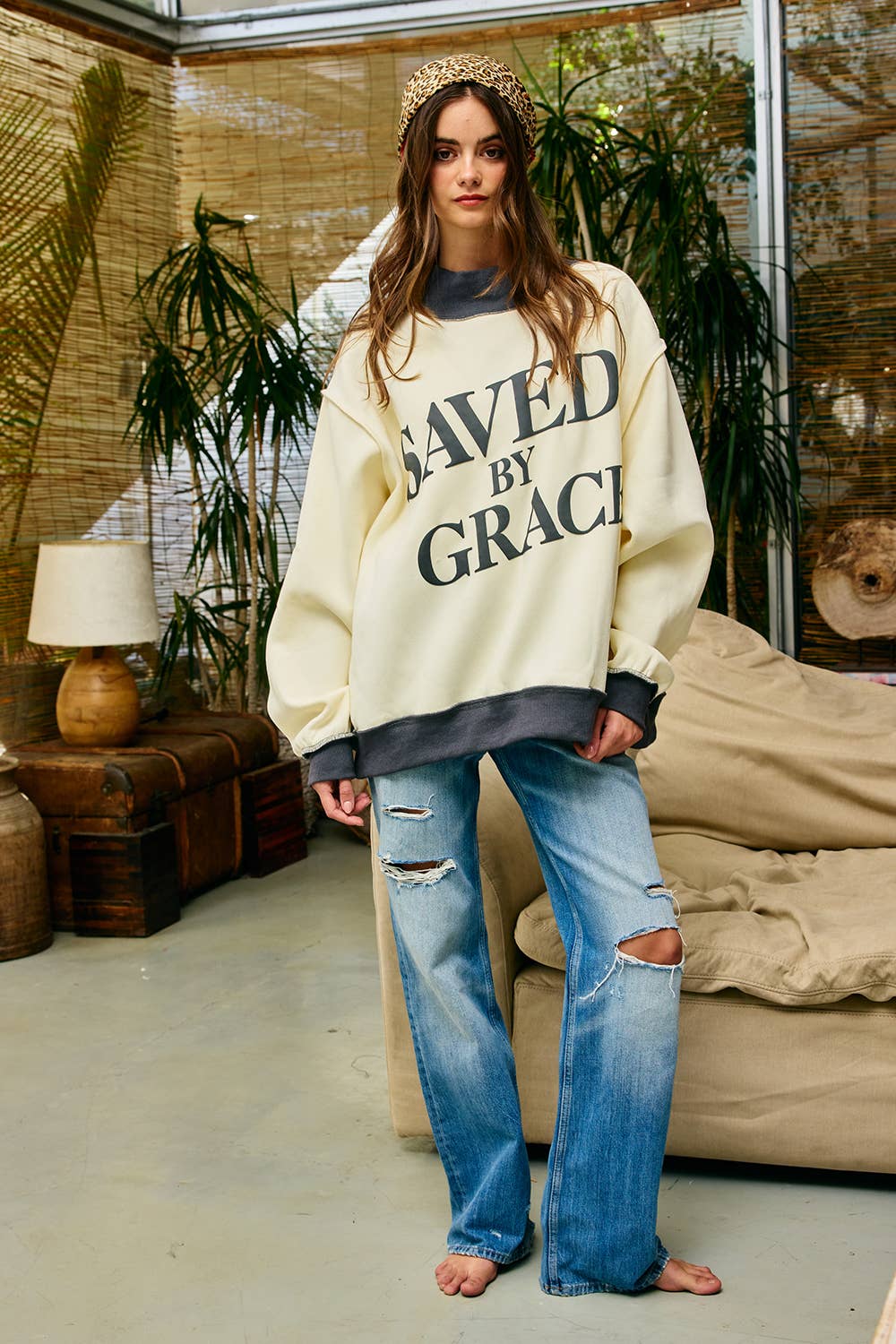 BUCKETLIST INC  Saved by Grace Puff Print Sweatshirt
