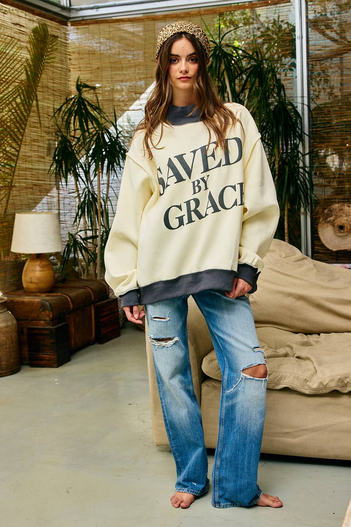 BUCKETLIST INC  Saved by Grace Puff Print Sweatshirt