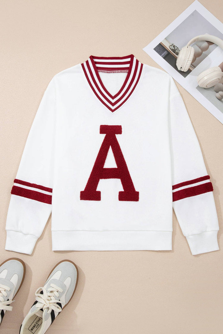 Varsity Letter Patch V Neck Football Game Day Sweatshirt