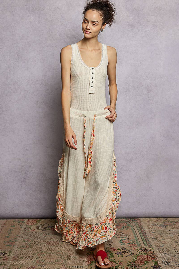 Pol Clothing - Floral Pattern Ruffle Detail Ribbed Knit Pants