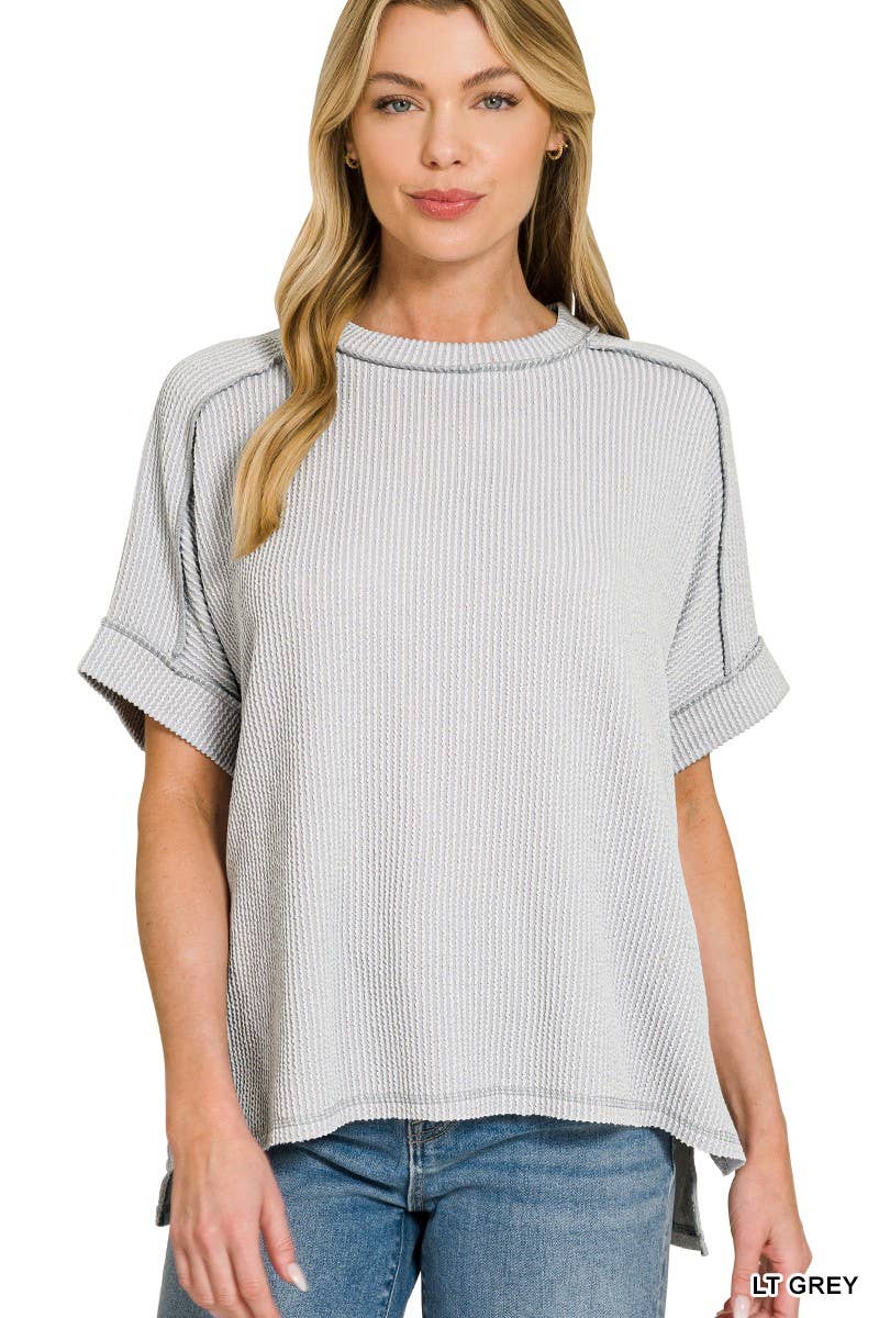 Textured Line Short Cuff Sleeve Raw Edge Top