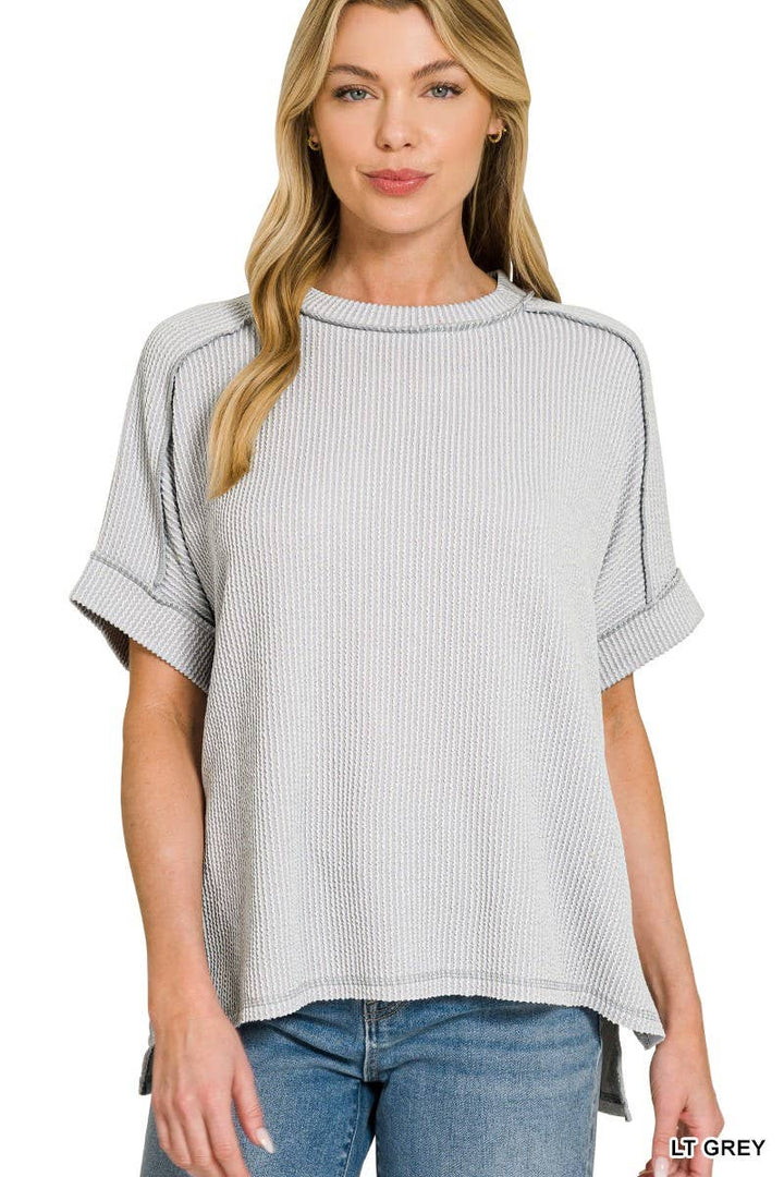 Textured Line Short Cuff Sleeve Raw Edge Top