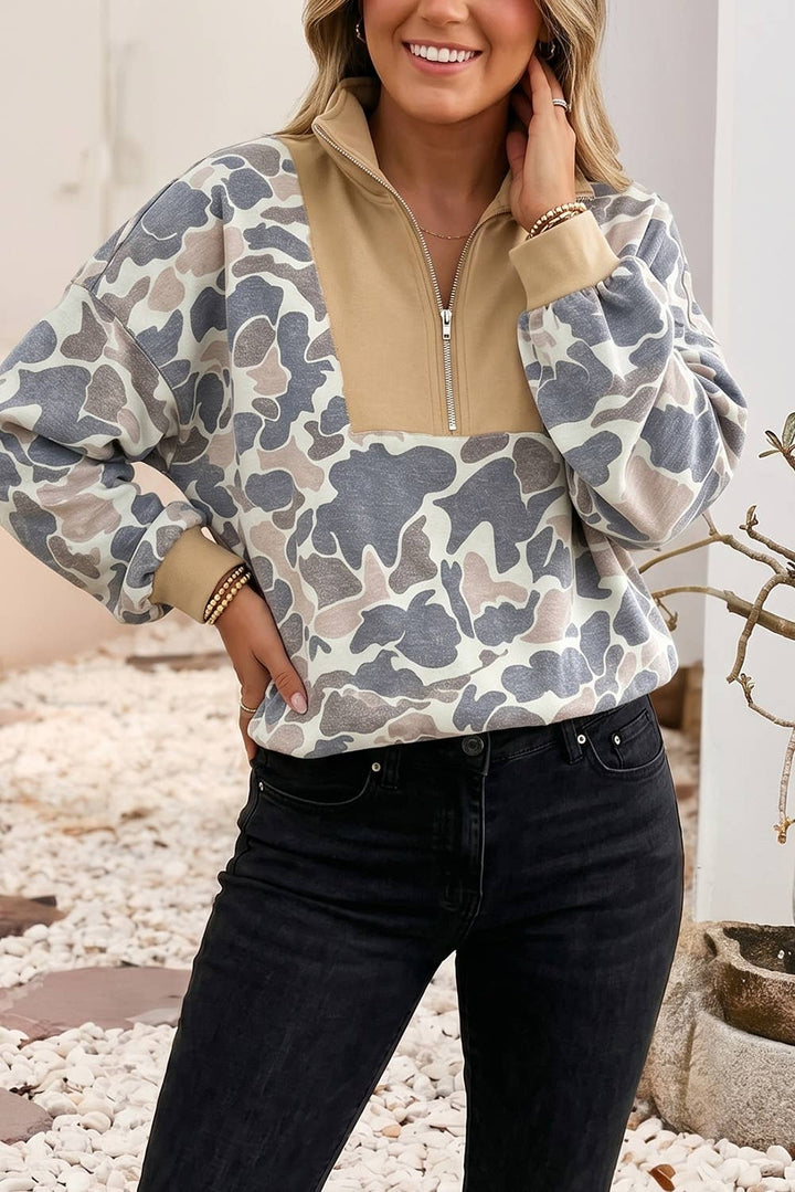 Little Daisy Closet - LDC Camouflage Print Casual Zip Neck Pullover