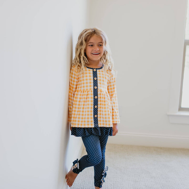 Kids Navy &amp; Mustard Gingham Check Button Pocket Pant Set