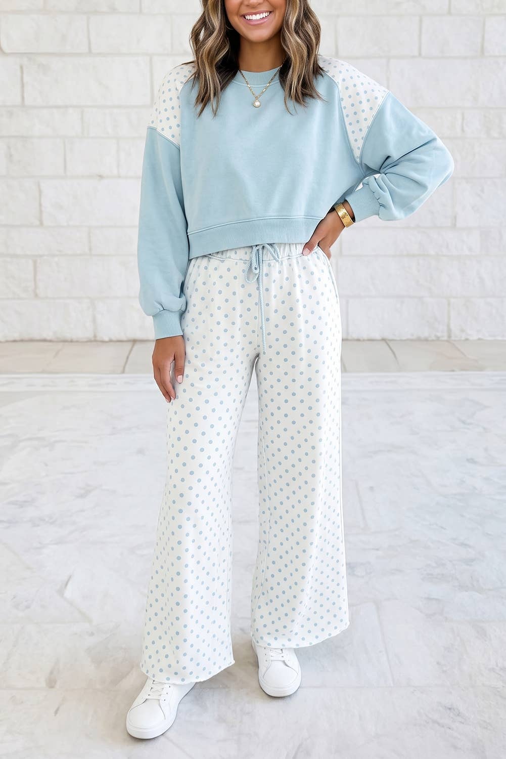 1 the Woman - Polka Dot Patchwork Long Sleeve Casual Two Piece Set S-4X