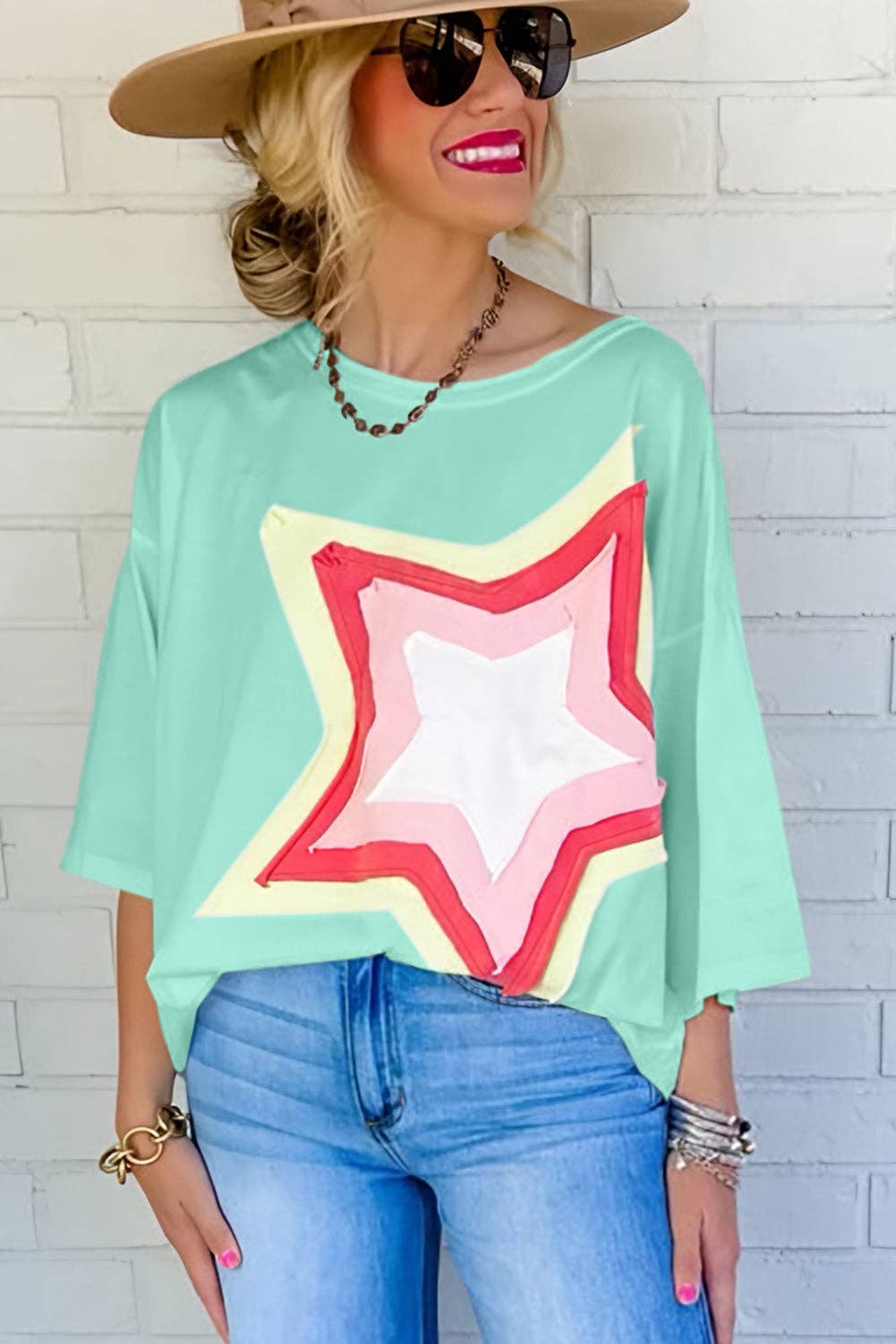 Lovesoft - Colorblock Star Patched Half Sleeve Oversized Tee