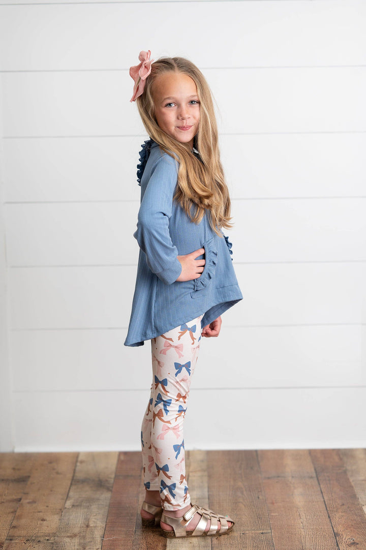 Girls Blue Ruffle Hi-Lo Hoodie &amp; Coquette Bow Legging Set