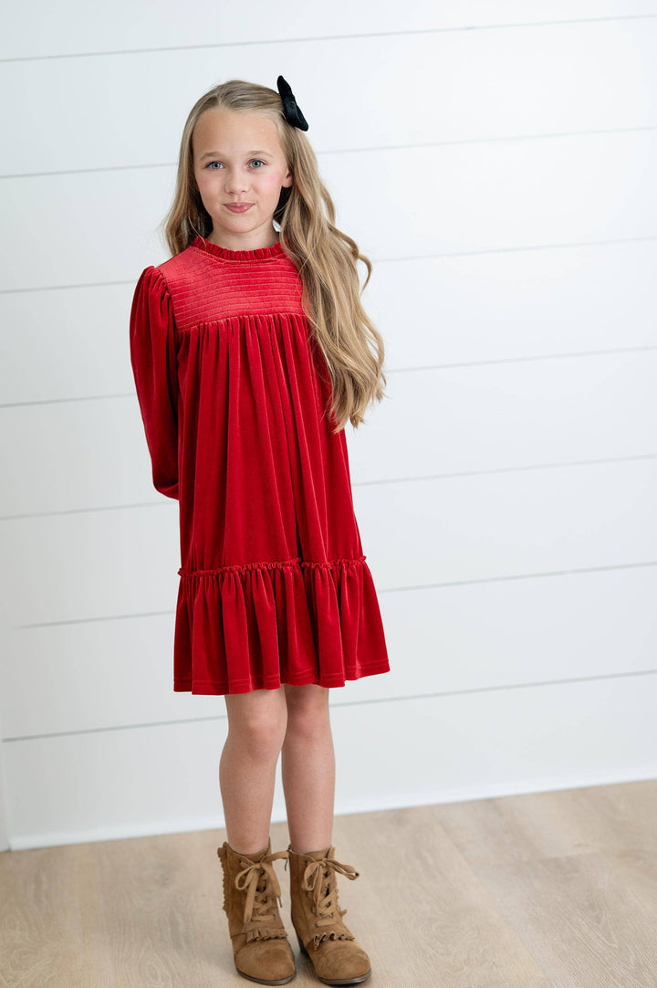 Girls Alexa Red Smocked Velvet Fancy Holiday Party Dress