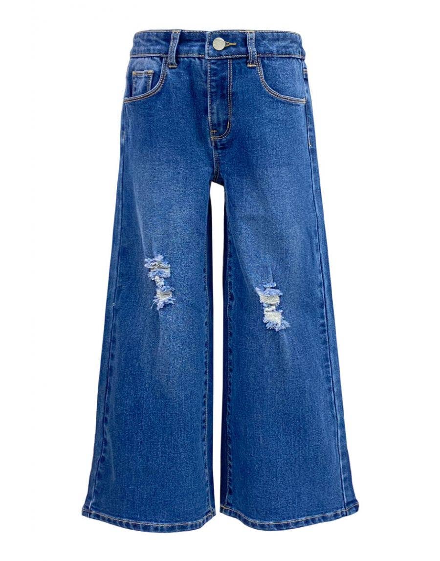 Girl Wide Leg Denim Jeans w/ Distress