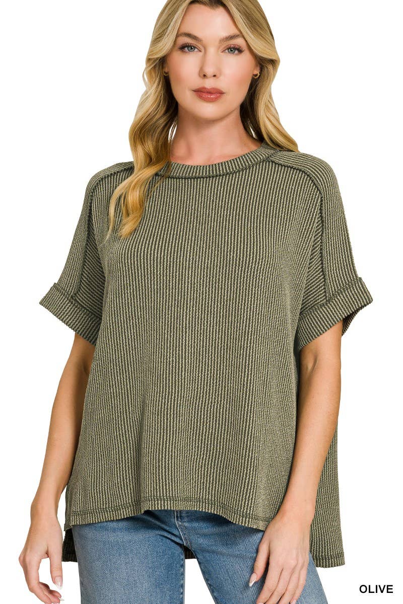 Textured Line Short Cuff Sleeve Raw Edge Top