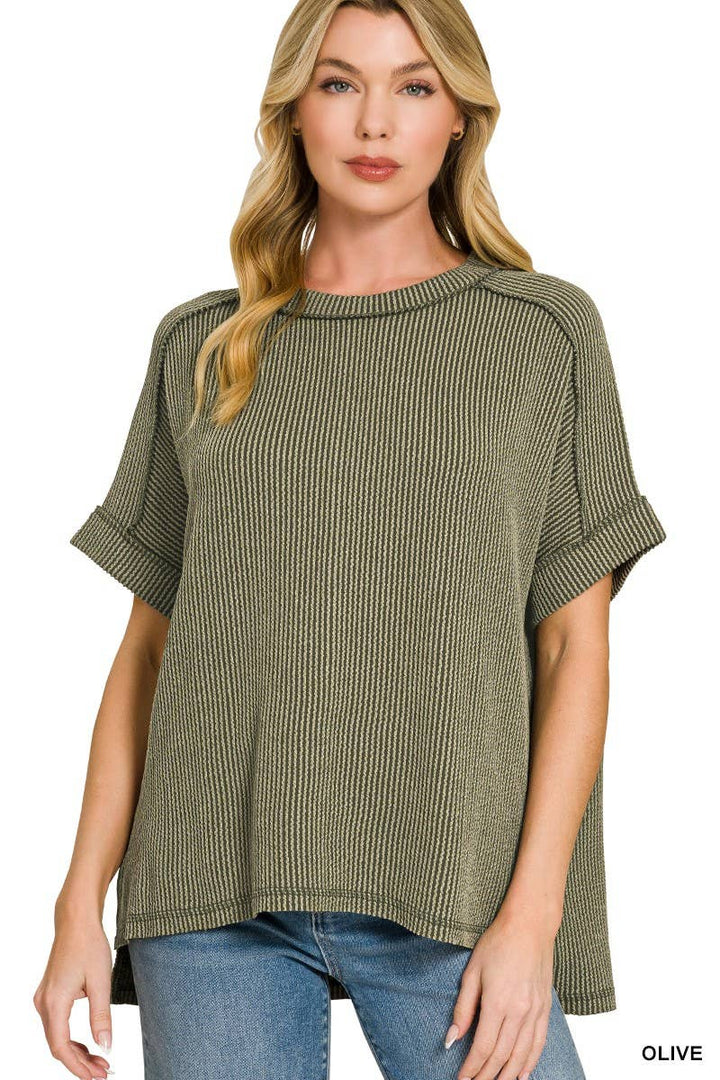 Textured Line Short Cuff Sleeve Raw Edge Top