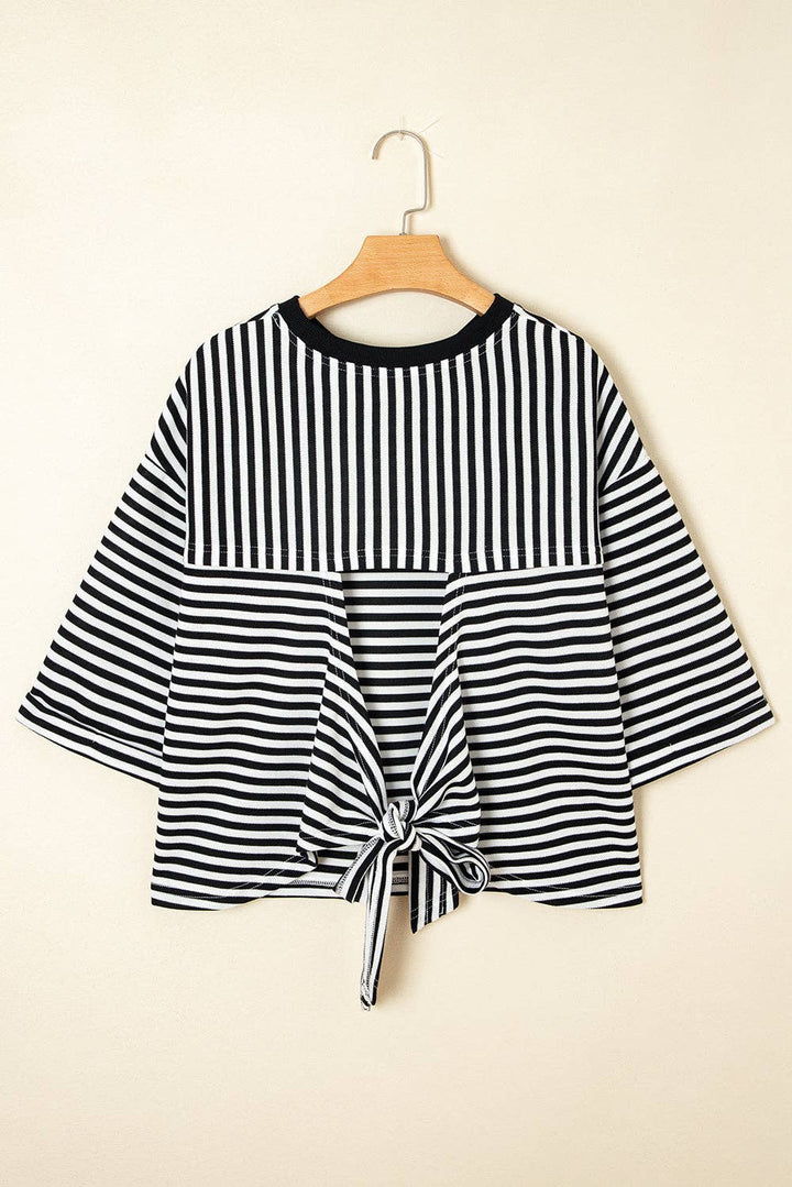 Red Stripe Bow Cutout Back Drop Shoulder Loose Tee