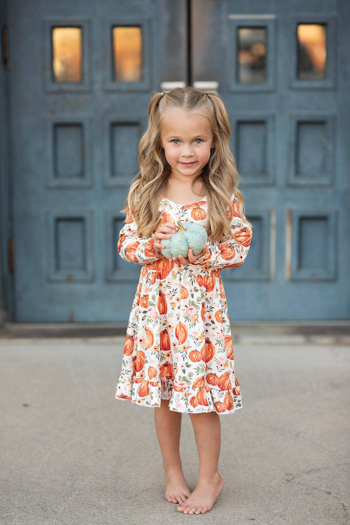 Kids Pumpkin &amp; Floral Print Long Sleeve Fall Twirl Dress