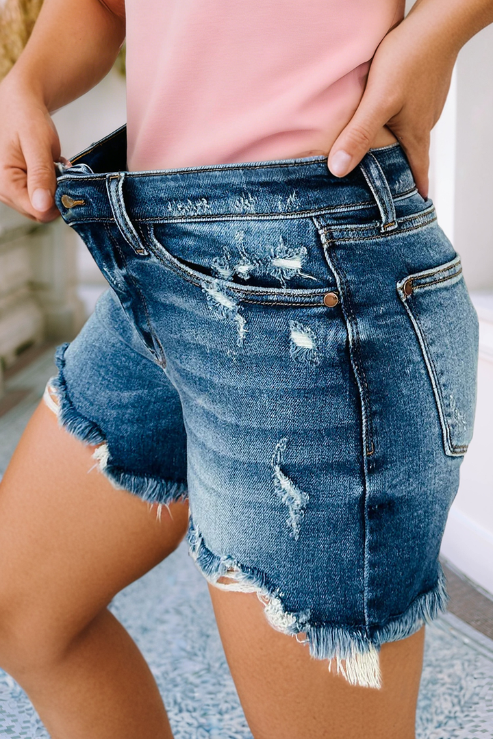 Little Daisy Closet - LDC Asymmetric Raw Hem Distressed Whiskery Denim Shorts