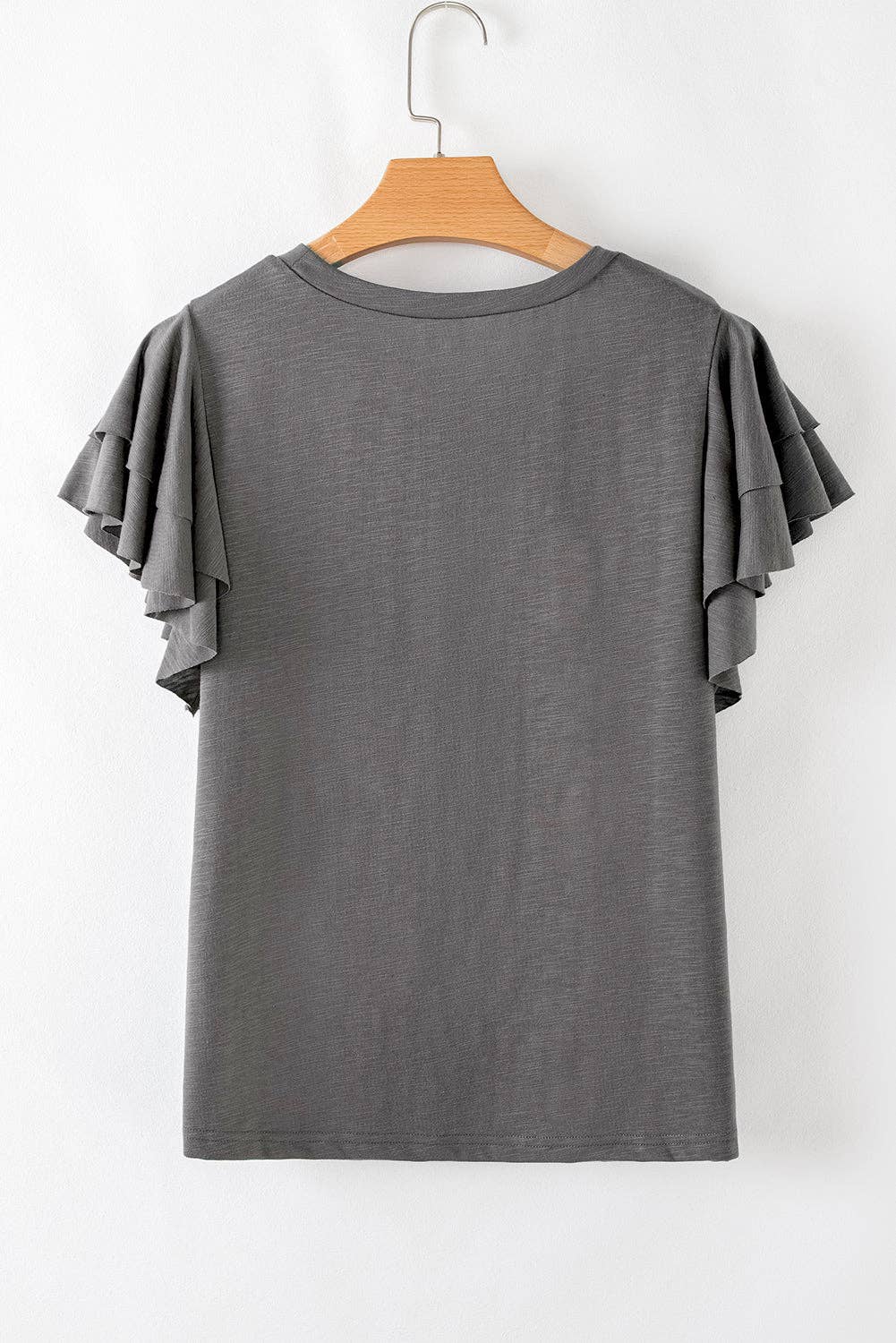 - Dark Grey Ruffle Sleeve Tee Casual Summer Top